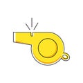 Yellow whistle icon. Whistling attention tool for game referee and police