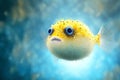 Yellow with white belly puffer fish swimming in clear blue sea water