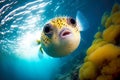 Yellow with white belly puffer fish swimming in clear blue sea water