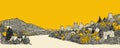 A yellow and white drawing of a city with a bridge and a river Royalty Free Stock Photo