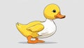 A yellow and white duck with a big orange foot