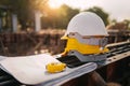 yellow and white helmet safety in construction site Royalty Free Stock Photo