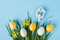 Yellow and white painted eggs on the green grass on a pastel blue background, Easter decor. Royalty Free Stock Photo