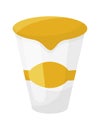Yellow and white paper cup with a yellow label. Disposable coffee cup, simple design. Takeaway beverage container vector