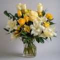 Yellow And White Rose And Lily Arrangement In Glass Vase Royalty Free Stock Photo