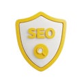 Yellow and White Shield Icon with SEO Text and Magnifying Glass Symbol Royalty Free Stock Photo