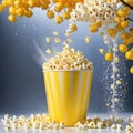 a yellow and white striped popcorn bucket with popcorn spilling out of it on a yellow background with a drop of popcorn