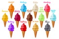 Yellow, white, vanilla, milk, pink, strawberry, chocolate, orange, green, blueberry, cherry, black ice cream vector Set different Royalty Free Stock Photo