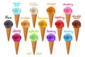 Yellow, white, vanilla, milk, pink, strawberry, chocolate, orange, green, blueberry, cherry, black ice cream vector Set, different Royalty Free Stock Photo