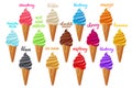 Yellow, white, vanilla, milk, pink, strawberry, chocolate, orange, green, blueberry, cherry, black ice cream vector Set different Royalty Free Stock Photo