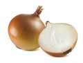 Yellow whole onion half together isolated on white background