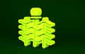 Yellow Wicker fence of thin rods with old clay jars icon isolated on green background. Minimalism concept. 3d