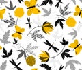 Yellow wild flower and butterflies. dragonfly pattern on white background. Summer floral circle border. Vector illustration patch Royalty Free Stock Photo