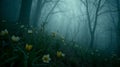 Yellow wildflowers growing in foggy dark forest