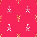 Yellow Wind turbine icon isolated seamless pattern on red background. Wind generator sign. Windmill for electric power