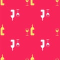 Yellow Wine bottle with wine glass icon isolated seamless pattern on red background. Happy Easter. Vector Illustration Royalty Free Stock Photo