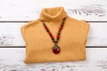 Yellow winter sweater with red stone necklace. Royalty Free Stock Photo