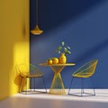 Yellow wire chair and table against blue wall with copy space. Interior design of modern living or dining room. Created with Royalty Free Stock Photo