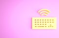 Yellow Wireless computer keyboard icon isolated on pink background. PC component sign. Internet of things concept with Royalty Free Stock Photo
