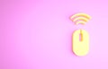 Yellow Wireless computer mouse system icon isolated on pink background. Internet of things concept with wireless Royalty Free Stock Photo