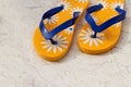 Yellow women's beach slippers with a pattern of flowers on a stone background. National flip flops day concept. Royalty Free Stock Photo