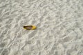 A yellow women`s shoe with heel on the sand on beach