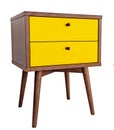 Yellow wood bedside table. Modern designer nightstand isolated on white background side view. cabinet with two drawers