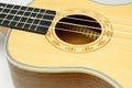 Yellow wooden acoustic ukulele body with sound hole and strings on white studio background. Resonator close up. Royalty Free Stock Photo