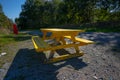 Yellow wooden park bench by the side of a road.. Royalty Free Stock Photo