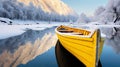 Yellow wooden rowing boat on a calm lake in winter landscape