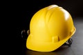 Yellow work helmet on a dark table. Protective accessories for construction workers Royalty Free Stock Photo