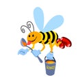 Yellow worker bee flies with a spoon & a bucket of honey, a funny character with a smile & red shoes