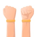 Yellow wristband or rubber bracelet on hand use for advertising