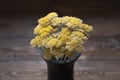 Yellow Yarrow in black vase on wooden background. Bouquet of Yellow flower in dark vase.