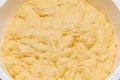 Yellow yeast dough, lush from fermentation, for baking muffin, concept, close-up