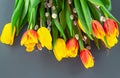 Yellow, yellow-orange two-color tulips and verba branches on a dark gray background