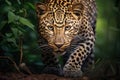 Yellow young Leopard coming towards camera from near green leafy plant Royalty Free Stock Photo