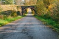 Old arched overpass over the road, yellowed trees in autumn along the road