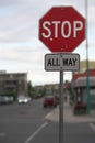 Deep Bokeh Stop All Way traffic sign in Yellowknife, Canada Royalty Free Stock Photo