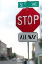 Deep Bokeh Stop All Way traffic sign in Yellowknife, Canada Royalty Free Stock Photo