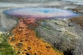 Colorful toxic sediments on soil in Yellowstone National Park