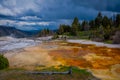 YELLOWSTONE, MONTANA, USA JUNE 02, 2018: People walking in a boardwalk in Mammoth hot springs pools with hiking trails