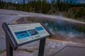 YELLOWSTONE, MONTANA, USA MAY 24, 2018: Informative sign of chromatic pools at hot spring and orange microbial mat in