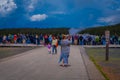 YELLOWSTONE, MONTANA, USA MAY 24, 2018: Outdoor view of crowd of tourists watching and taking pictures of the Old Royalty Free Stock Photo