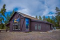 YELLOWSTONE, MONTANA, USA MAY 24, 2018: Outdoor view of wooden house building in Yellowstone art and photography center