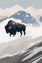 Yellowstone National Park Bison Mountain, Scene vector illustration