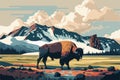 Yellowstone National Park Bison Mountain, Scene vector illustration