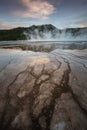 Volcanic Structure and Steaming Geysers in the Grand Prismatic Spring Area in Yellowstone National Park, Wyoming Royalty Free Stock Photo