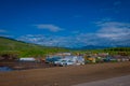 YELLOWSTONE NATIONAL PARK, WYOMING, USA - JUNE 07, 2018: Outdoor view of machine camp located at one side of the road