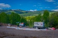 YELLOWSTONE NATIONAL PARK, WYOMING, USA - JUNE 07, 2018: Outdoor view of machine camp located at one side of the road